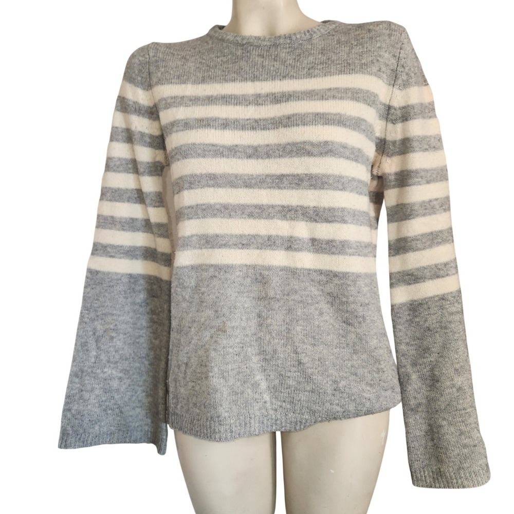 Sea Bleu Womens Gray Striped Wool Cashmere Bell Sleeve Crew Neck Sweater Small